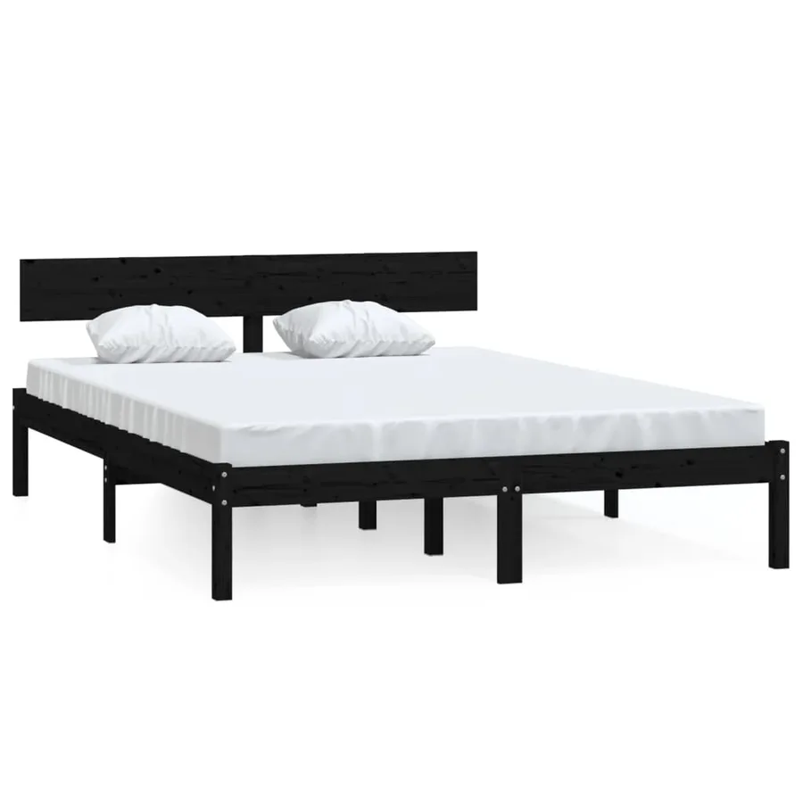 Cadre de lit sans matelas noir bois de pin massif - 2