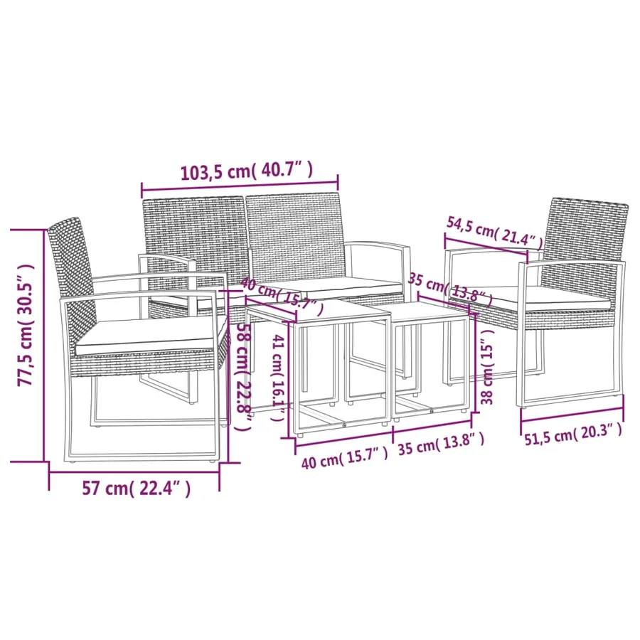 Ensemble à manger de jardin coussins 5 pcs gris foncé rotin PP - 6