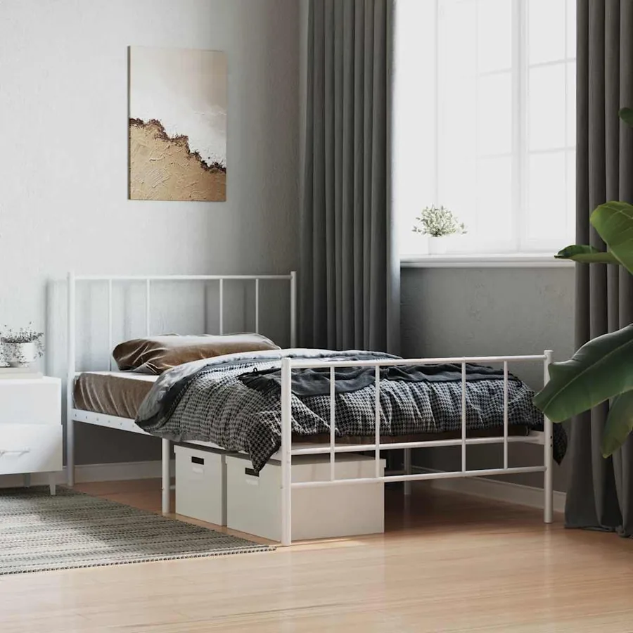 Cadre de lit métal sans matelas avec pied de lit blanc 75x190cm