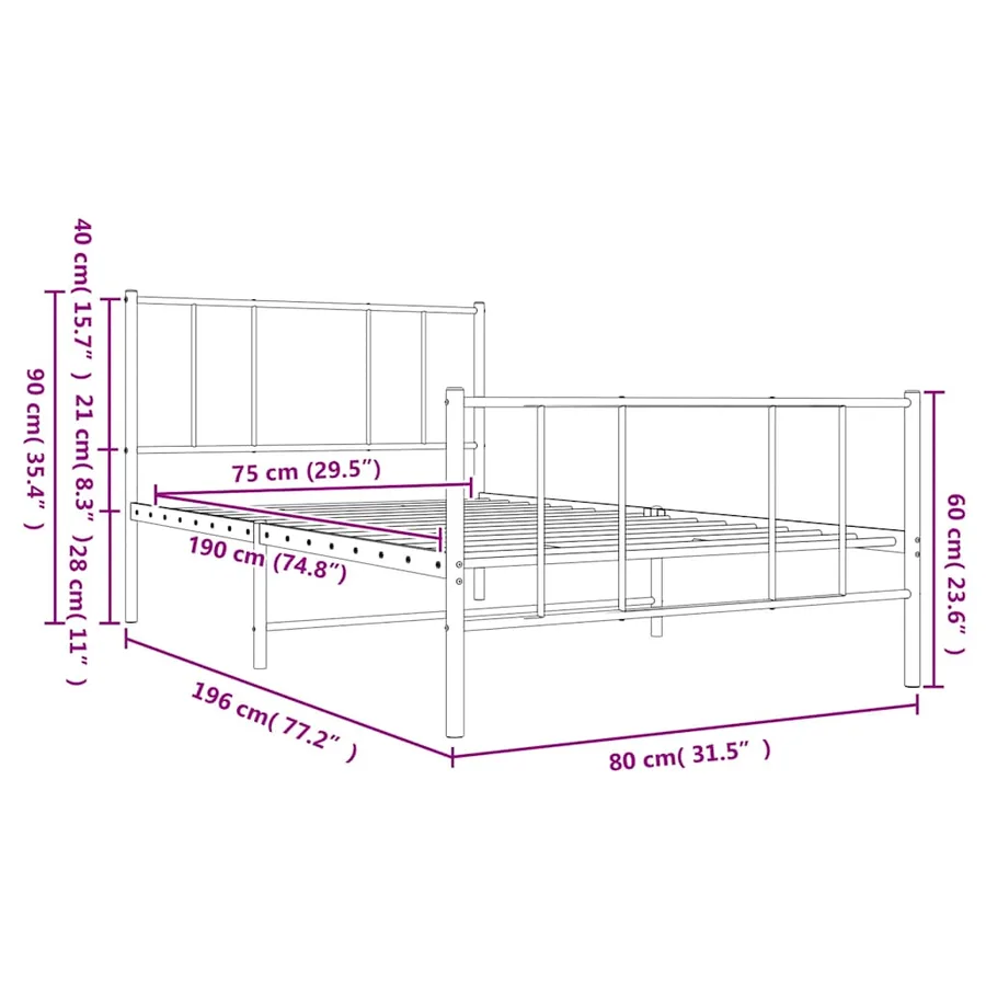 Cadre de lit métal sans matelas avec pied de lit blanc 75x190cm - 10
