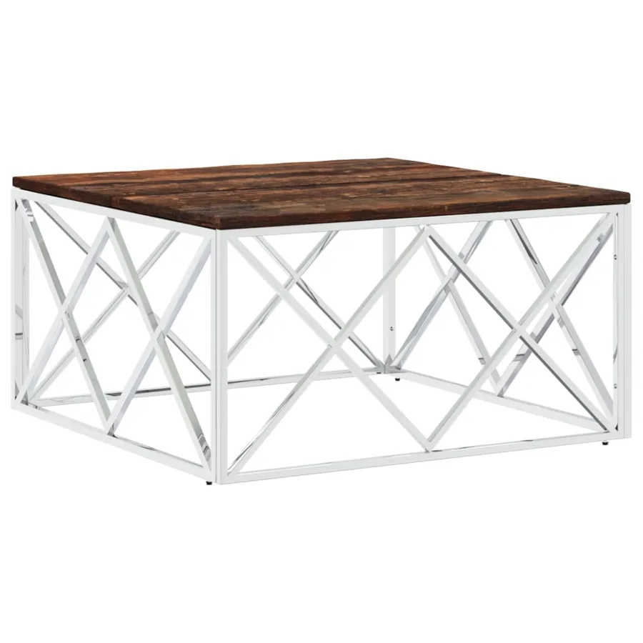 Table basse acier inoxydable et bois massif de récupération - 2