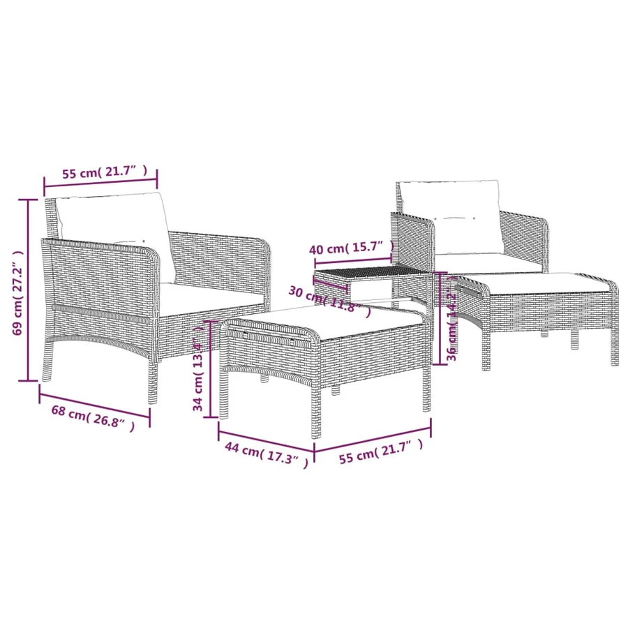 Salon de jardin 5 pcs avec coussins Gris Résine tressée - 8