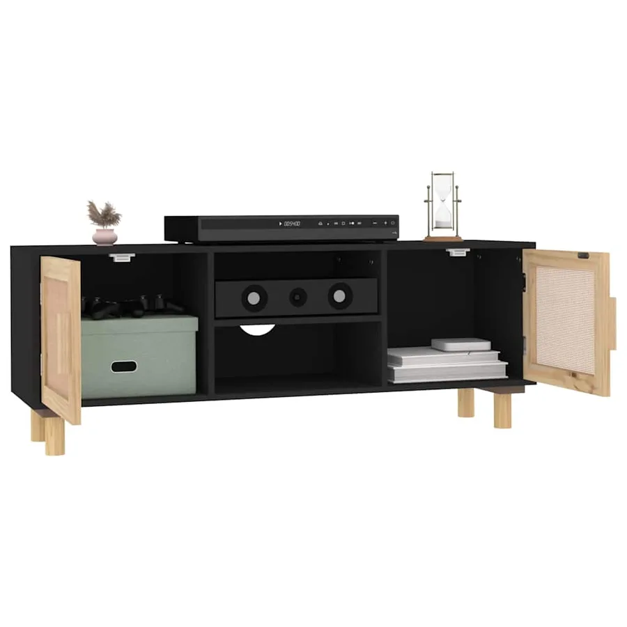 Meuble TV Noir 105x30x40cm Bois de pin massif et rotin naturel - 3