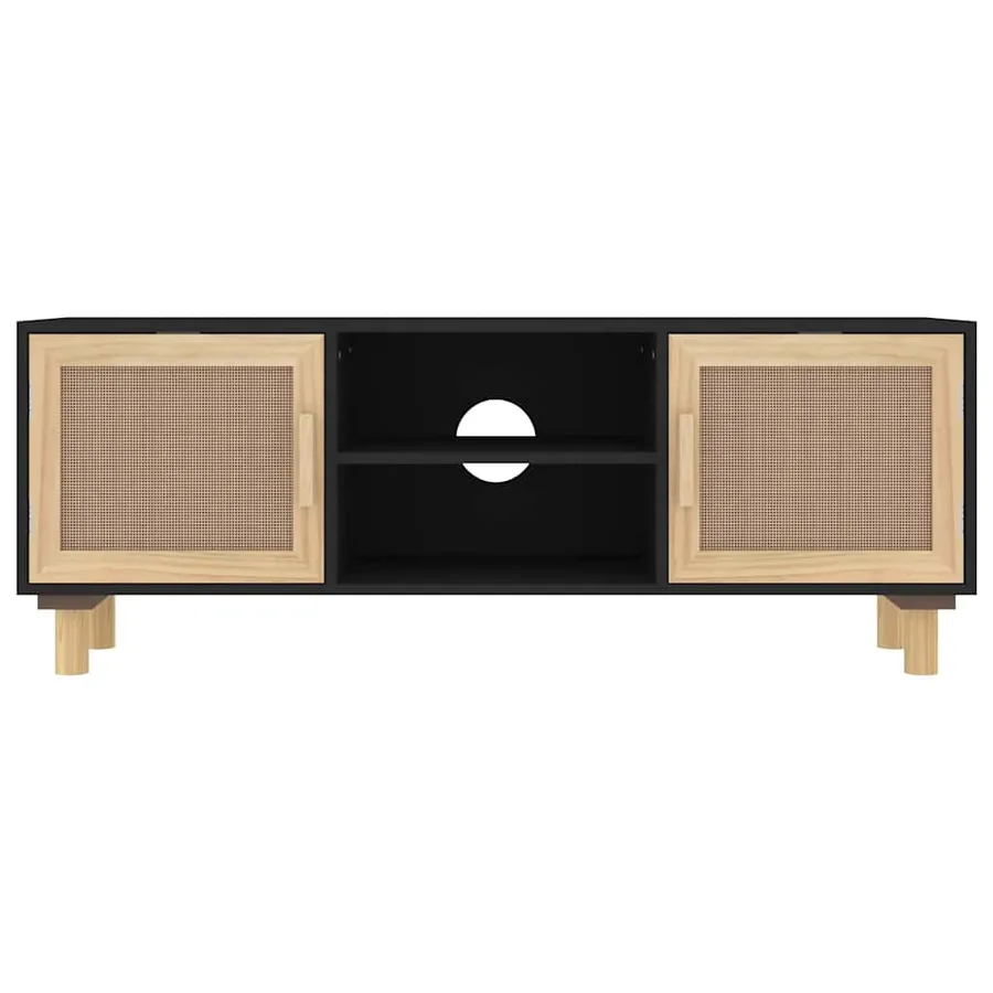 Meuble TV Noir 105x30x40cm Bois de pin massif et rotin naturel - 4