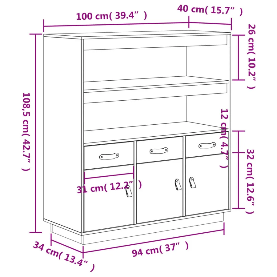 Buffet haut Blanc 100x40x108,5 cm Bois massif de pin - 12