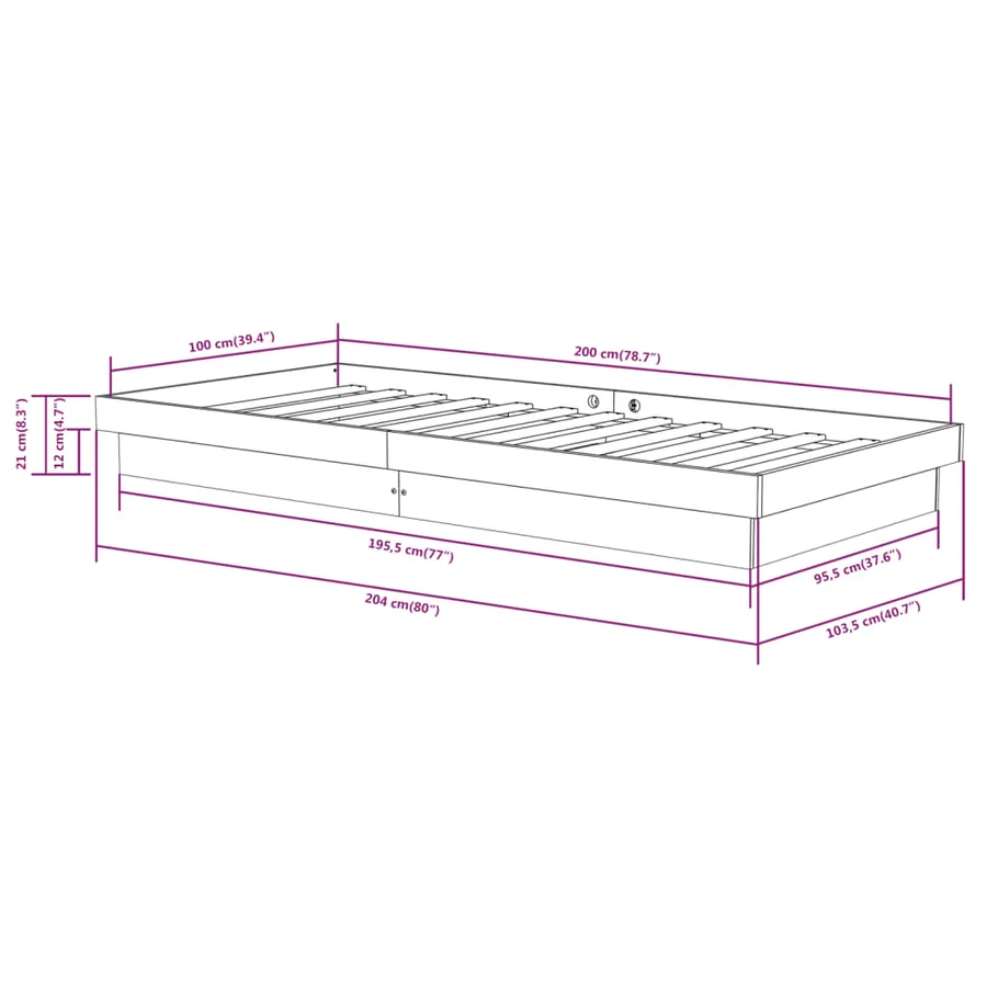 Cadre de lit sans matelas noir bois massif 100x200 cm - 8
