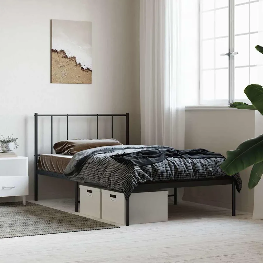 Cadre de lit métal sans matelas avec tête de lit noir 75x190 cm
