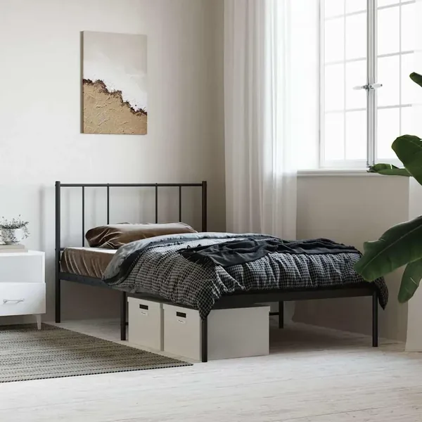 Cadre de lit métal sans matelas avec tête de lit noir 75x190 cm