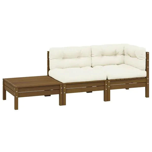 Salon de jardin 3 pcs avec coussins crème bois de pin massif