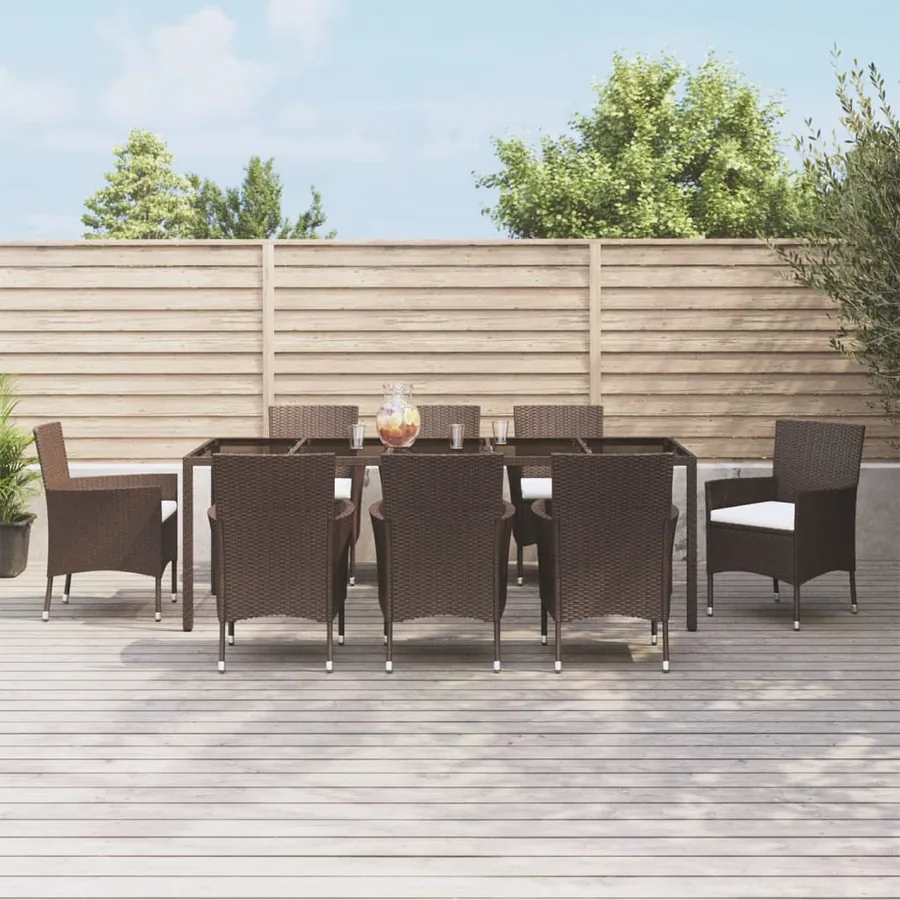 Ensemble à manger de jardin et coussins 9 pcs marron poly rotin