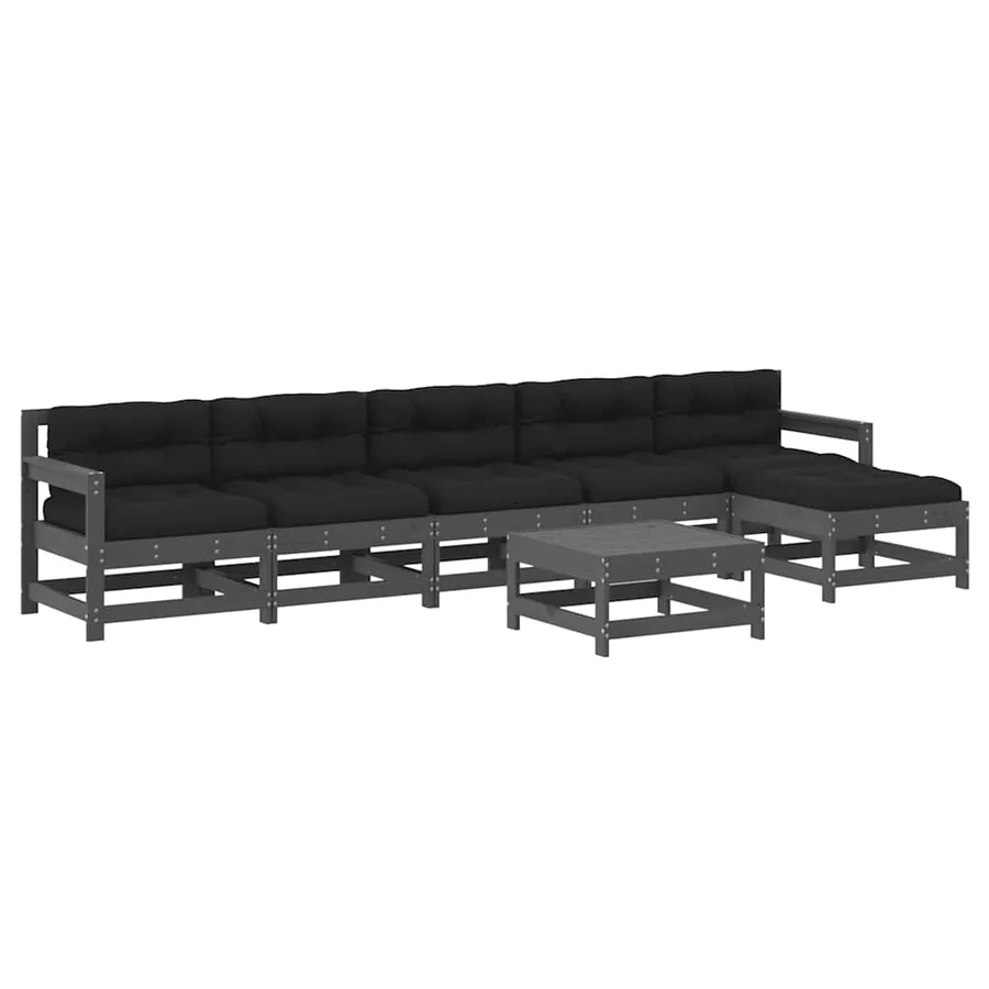 Salon de jardin 7 pcs avec coussins gris bois massif - 2