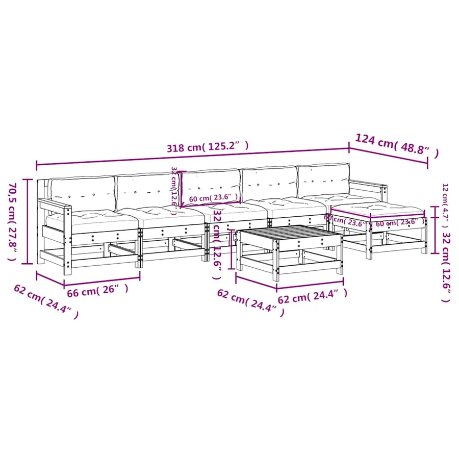 Salon de jardin 7 pcs avec coussins gris bois massif - 9