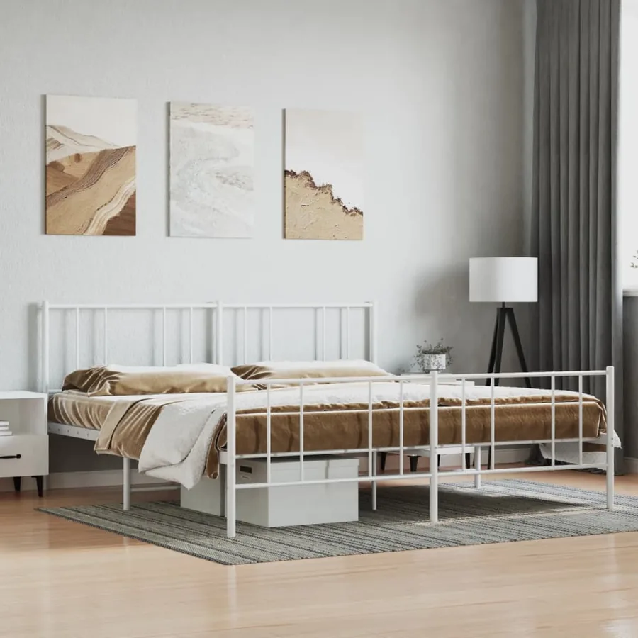 Cadre de lit métal sans matelas et pied de lit blanc 200x200 cm