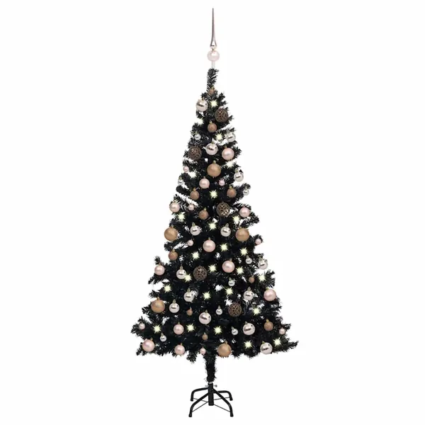 Arbre de Noël artificiel pré-éclairé et boules noir 120 cm PVC
