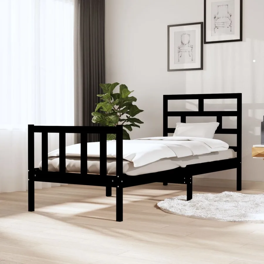 Cadre de lit sans matelas noir bois de pin massif
