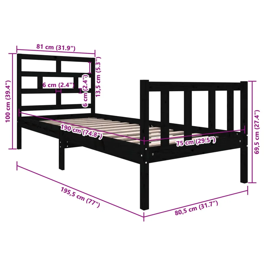 Cadre de lit sans matelas noir bois de pin massif - 9