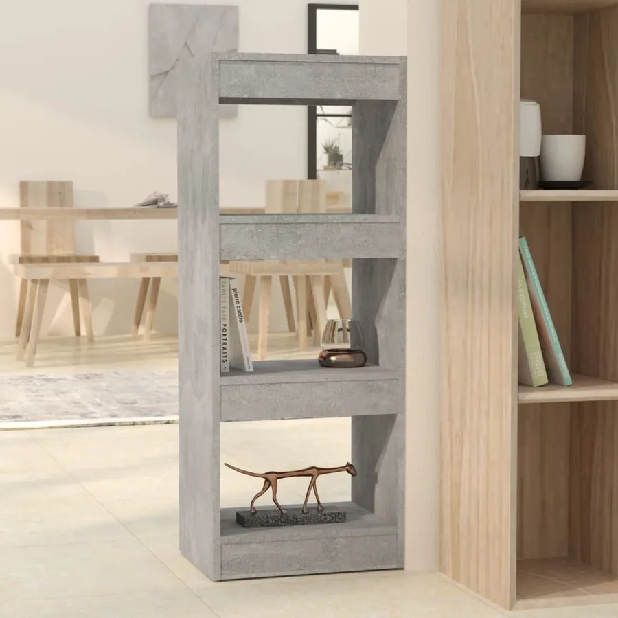 Bibliothèque/séparateur de pièce gris béton bois d'ingénierie