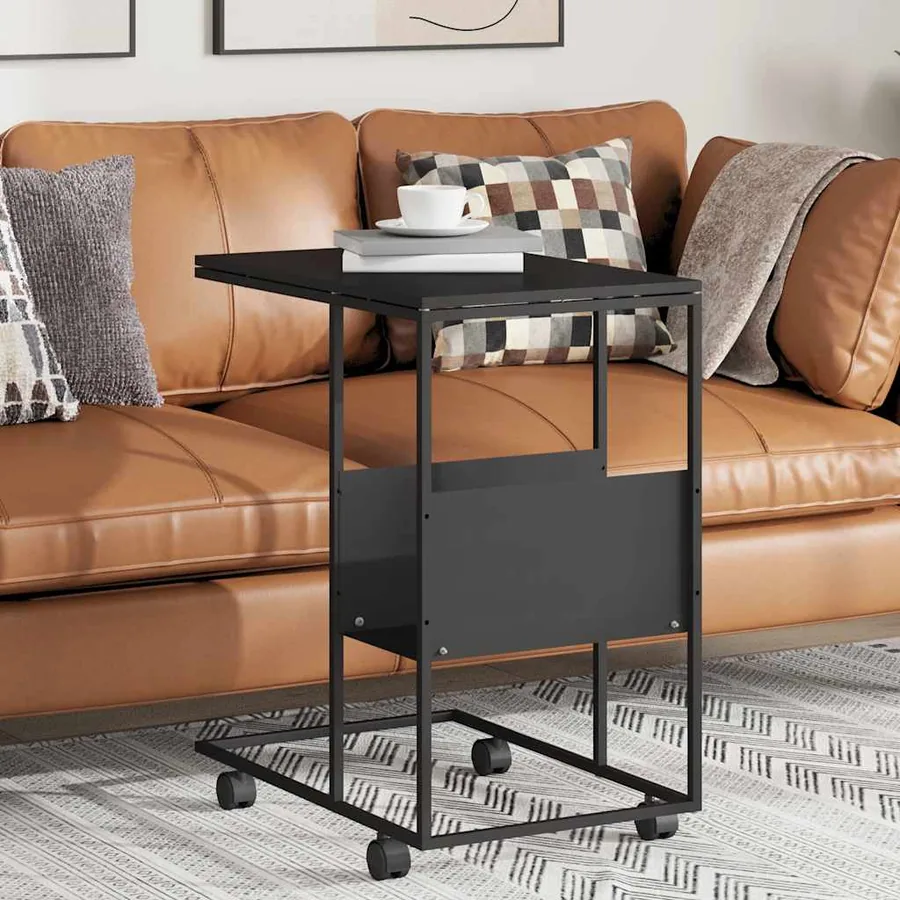 Table d'appoint avec roues noir 55x36x63,5 cm bois d'ingénierie