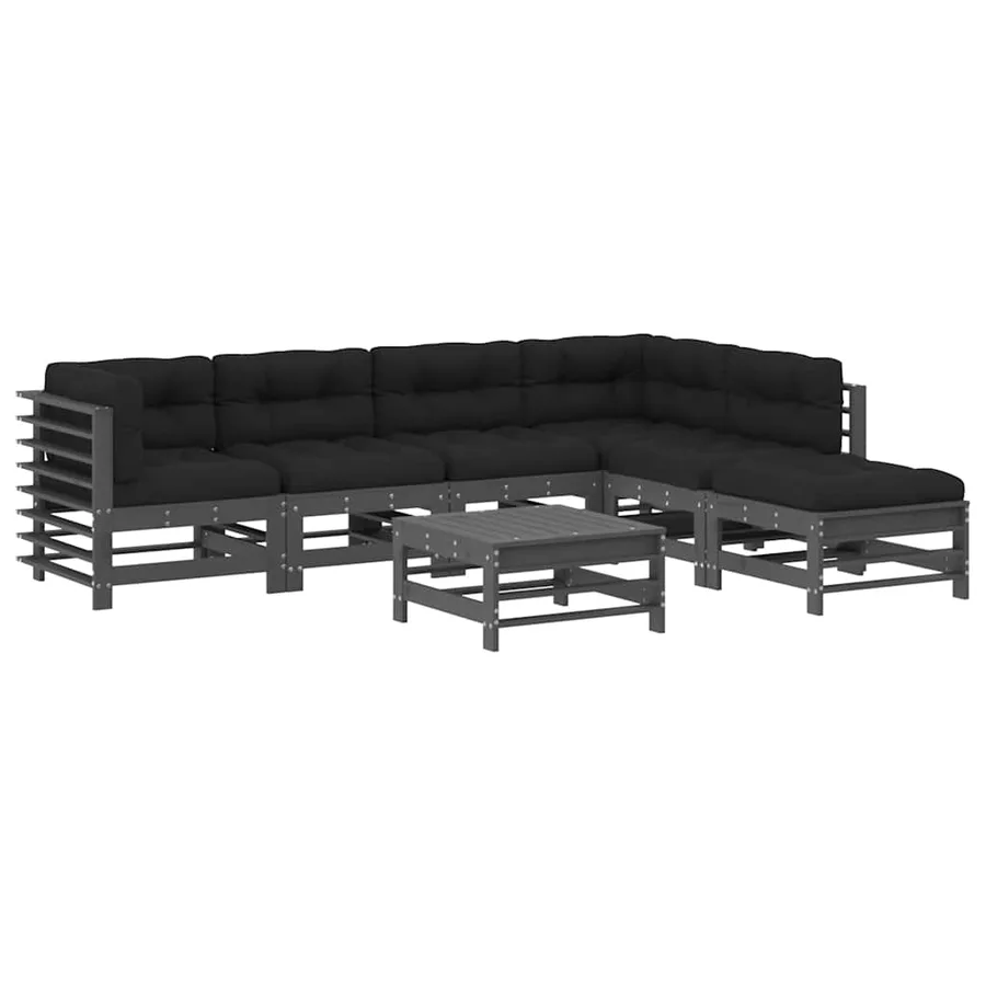 Salon de jardin 7 pcs avec coussins gris bois massif - 2