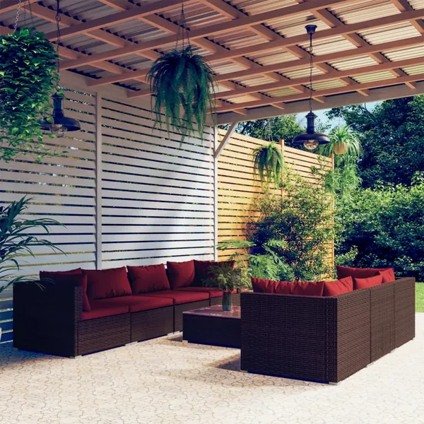 Salon de jardin 8 pcs avec coussins résine tressée marron