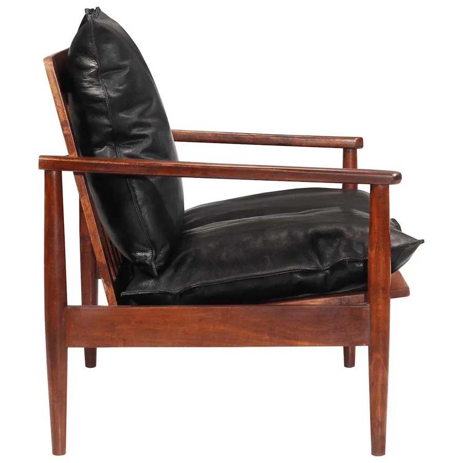 Canapé 2 places noir cuir véritable et bois d'acacia solide - 4