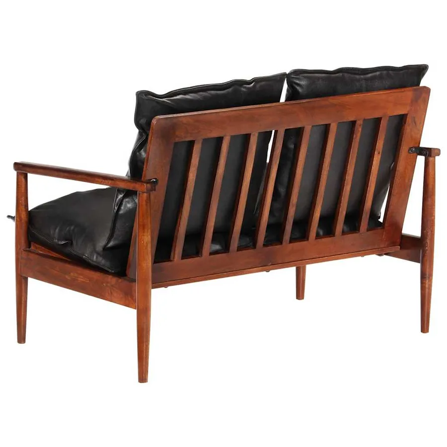 Canapé 2 places noir cuir véritable et bois d'acacia solide - 5
