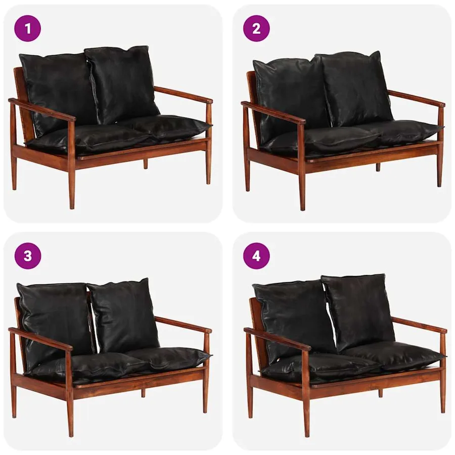 Canapé 2 places noir cuir véritable et bois d'acacia solide - 6