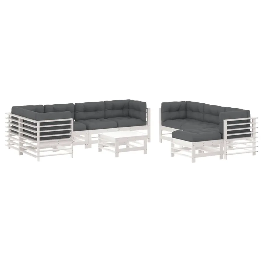 Salon de jardin 10 pcs avec coussins blanc bois massif - 2