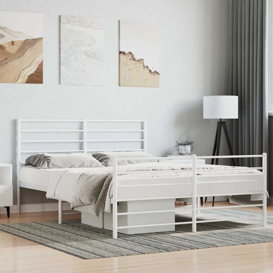 Cadre de lit métal sans matelas et pied de lit blanc 120x190 cm