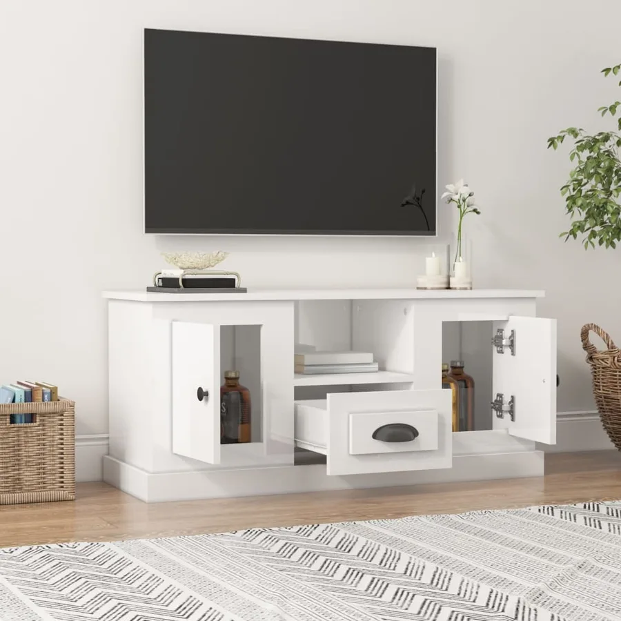 Meuble TV blanc brillant 100x35,5x45 cm bois d'ingénierie - 3