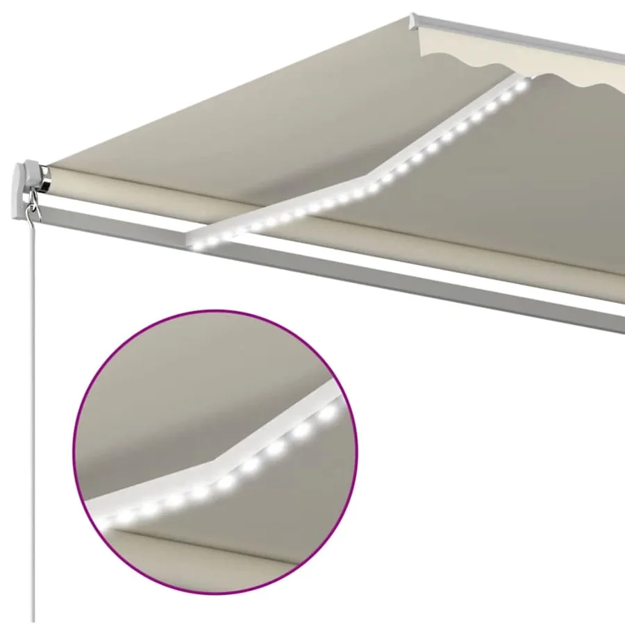 Auvent manuel rétractable avec LED 500x300 cm Crème - 5