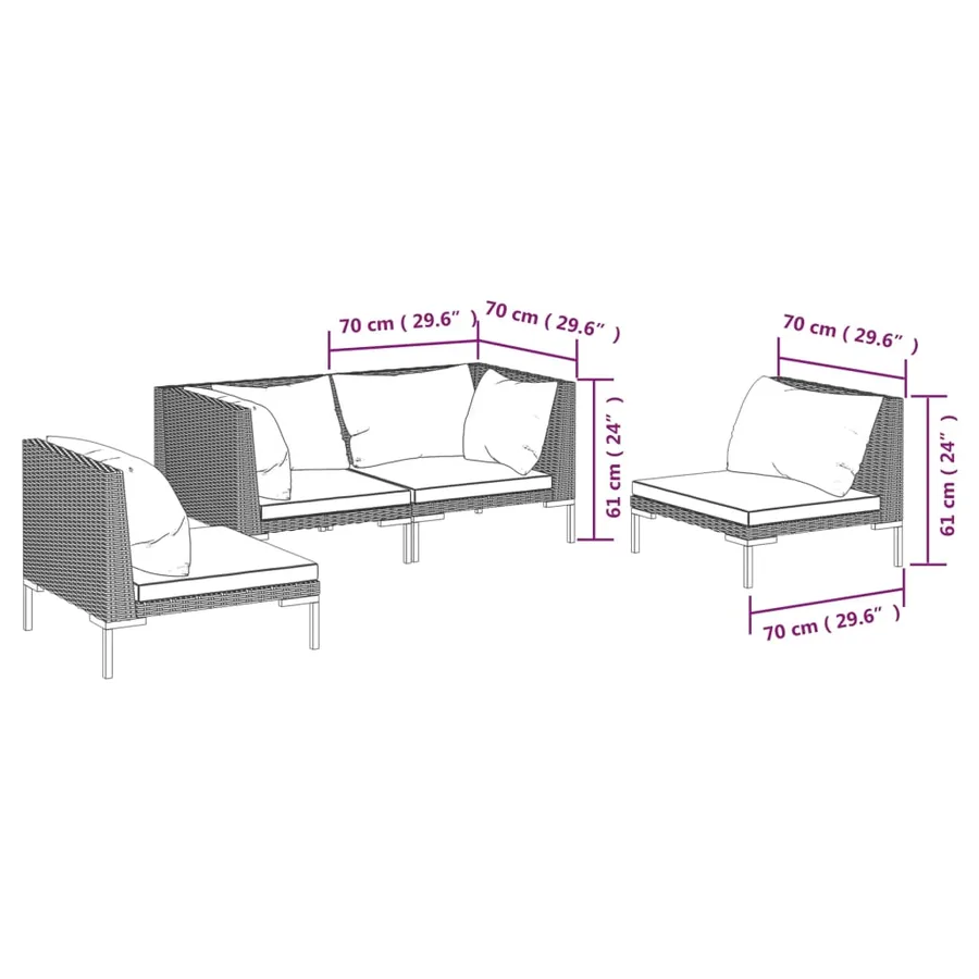 Salon de jardin 4 pcs avec coussins Résine tressée Gris foncé - 7