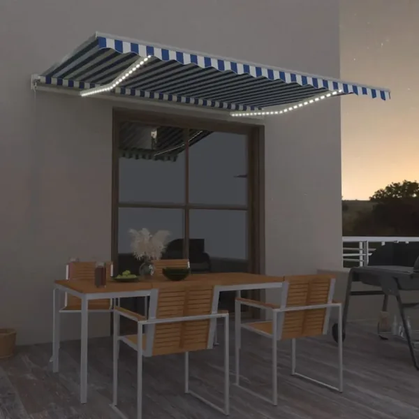 Auvent manuel rétractable avec LED 450x350 cm Bleu et blanc