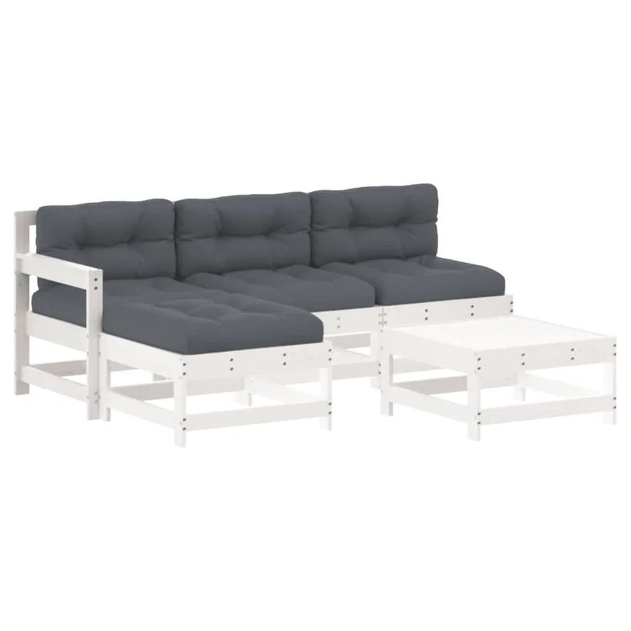 Salon de jardin 5 pcs avec coussins blanc bois massif - 2