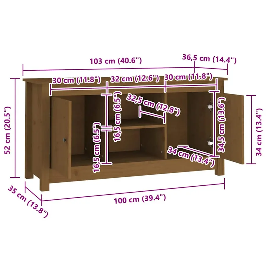 Meuble TV Marron miel 103x36,5x52 cm Bois de pin massif - 8