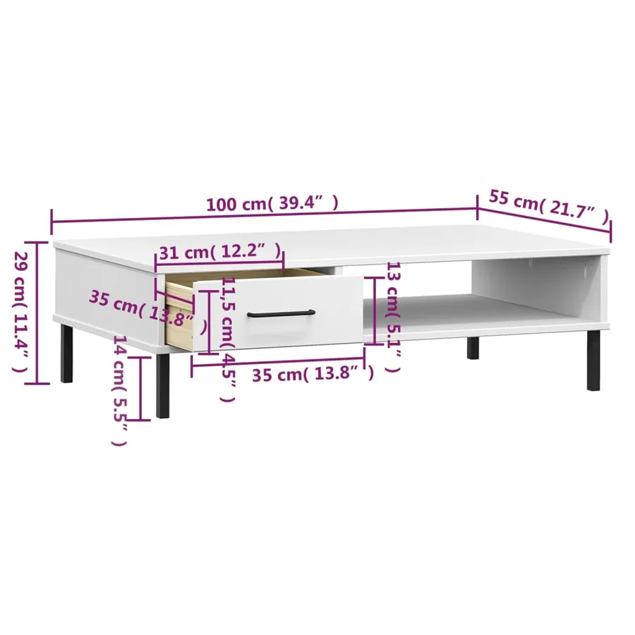 Table basse avec pieds en métal Blanc Bois pin massif OSLO - 8