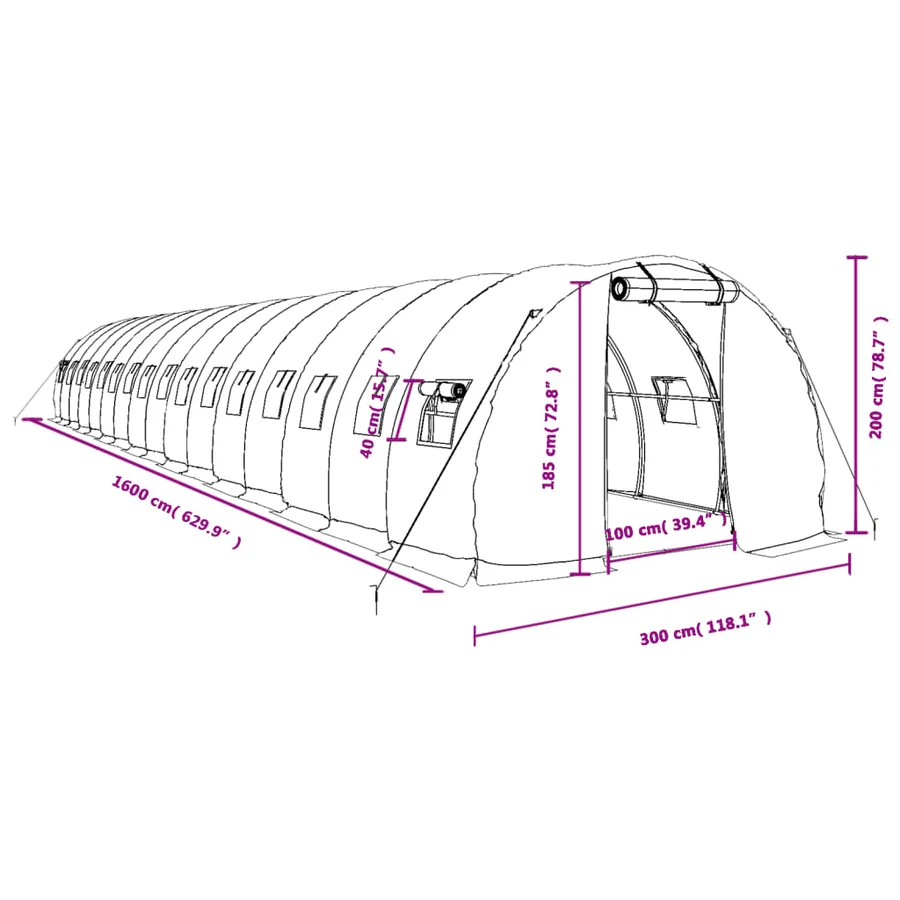 Serre avec cadre en acier vert 48 m² 16x3x2 m - 12