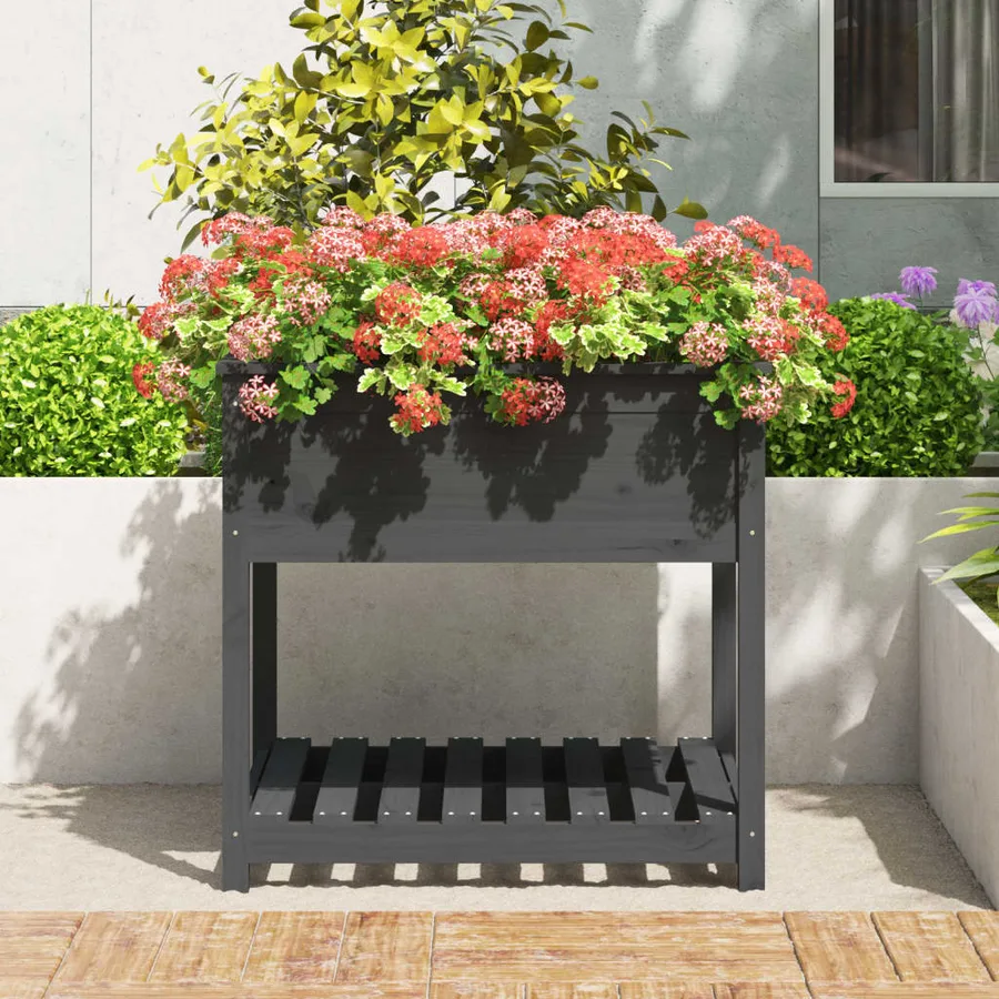 Jardinière avec étagère Gris 82,5x82,5x81 cm Bois massif de pin - 3