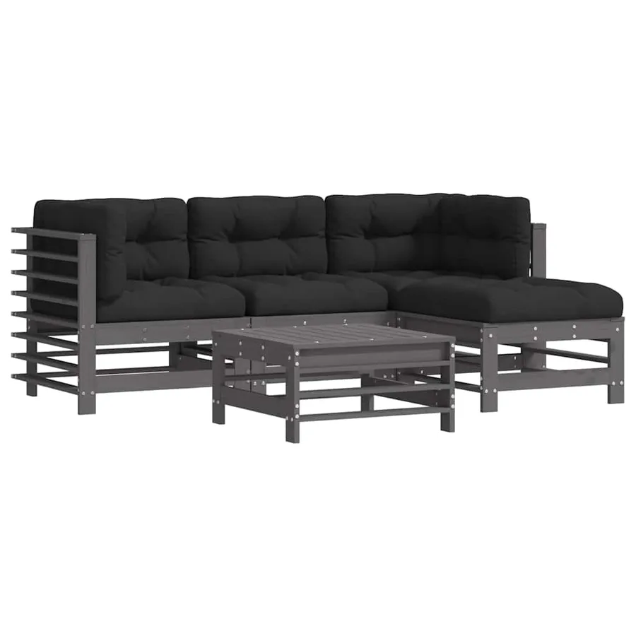 Salon de jardin 5 pcs avec coussins gris bois massif - 2