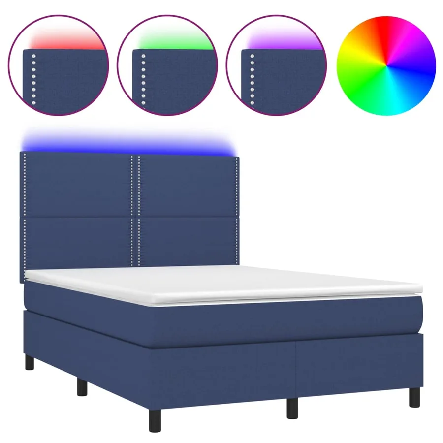 Sommier à lattes de lit et matelas et LED Bleu 140x200 cm Tissu - 2