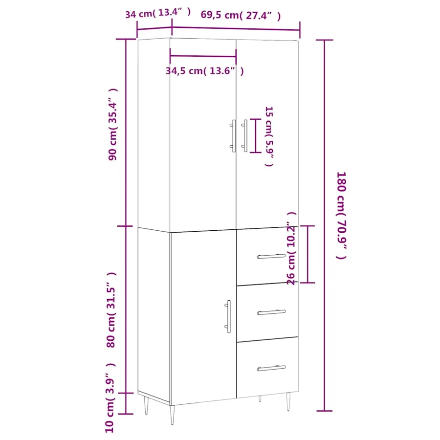 Buffet haut Sonoma gris 69,5x34x180 cm Bois d'ingénierie - 14