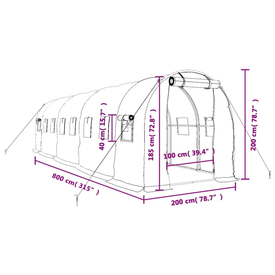 Serre avec cadre en acier blanc 16 m² 8x2x2 m - 12