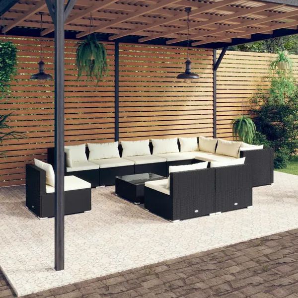 Salon de jardin 11 pcs avec coussins Résine tressée Noir