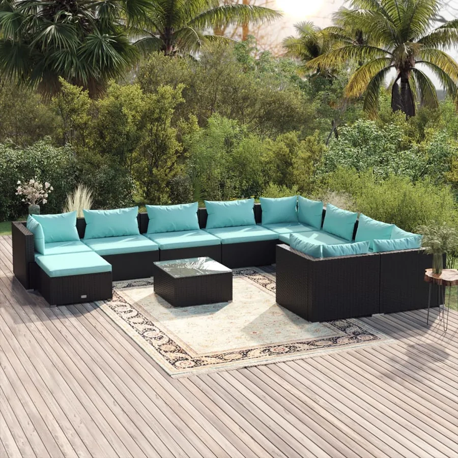 Salon de jardin 11 pcs avec coussins Résine tressée Noir