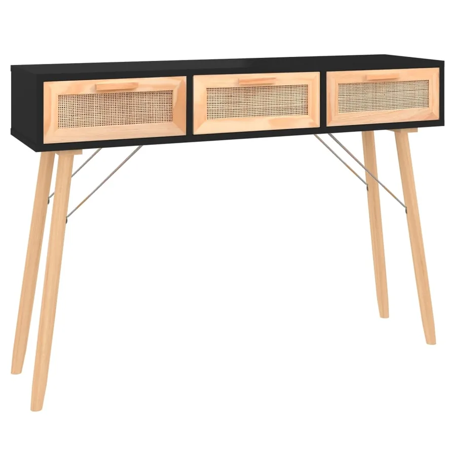 Table console Noir 105x30x75 cm Bois massif pin /rotin naturel - 2