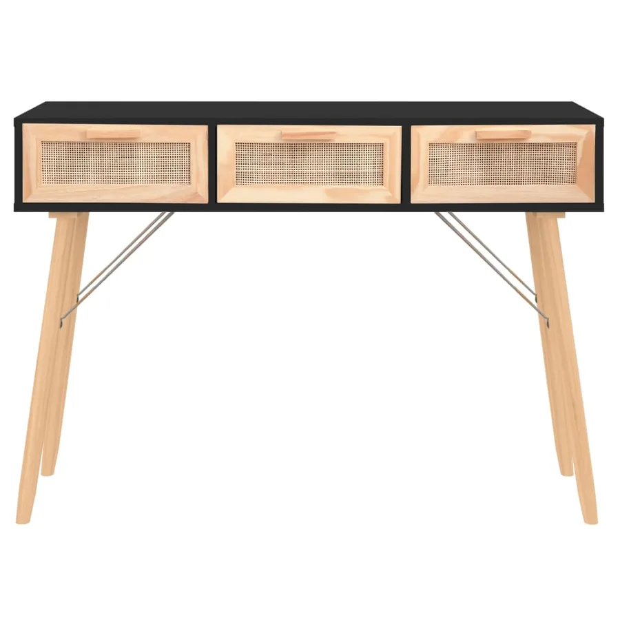 Table console Noir 105x30x75 cm Bois massif pin /rotin naturel - 3