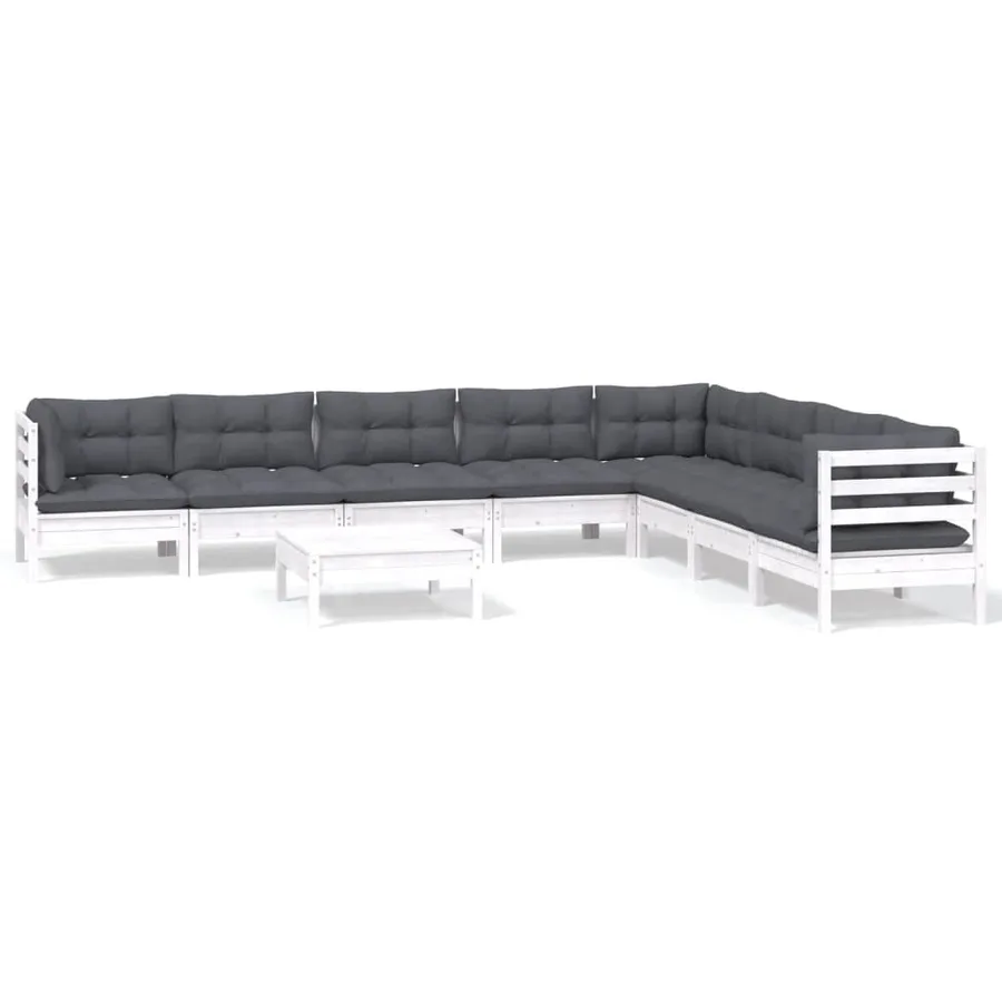 Salon de jardin 9 pcs avec coussins blanc bois de pin massif - 2