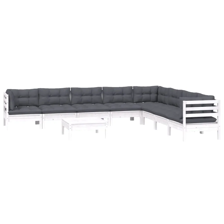 Salon de jardin 9 pcs avec coussins blanc bois de pin massif - 3