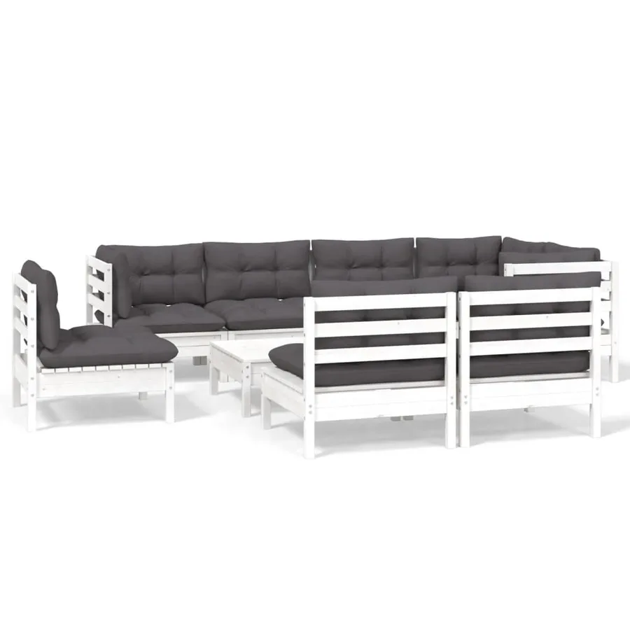 Salon de jardin 9 pcs avec coussins blanc bois de pin massif - 2