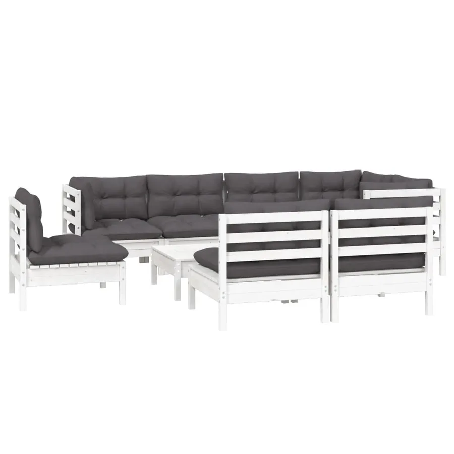 Salon de jardin 9 pcs avec coussins blanc bois de pin massif - 3